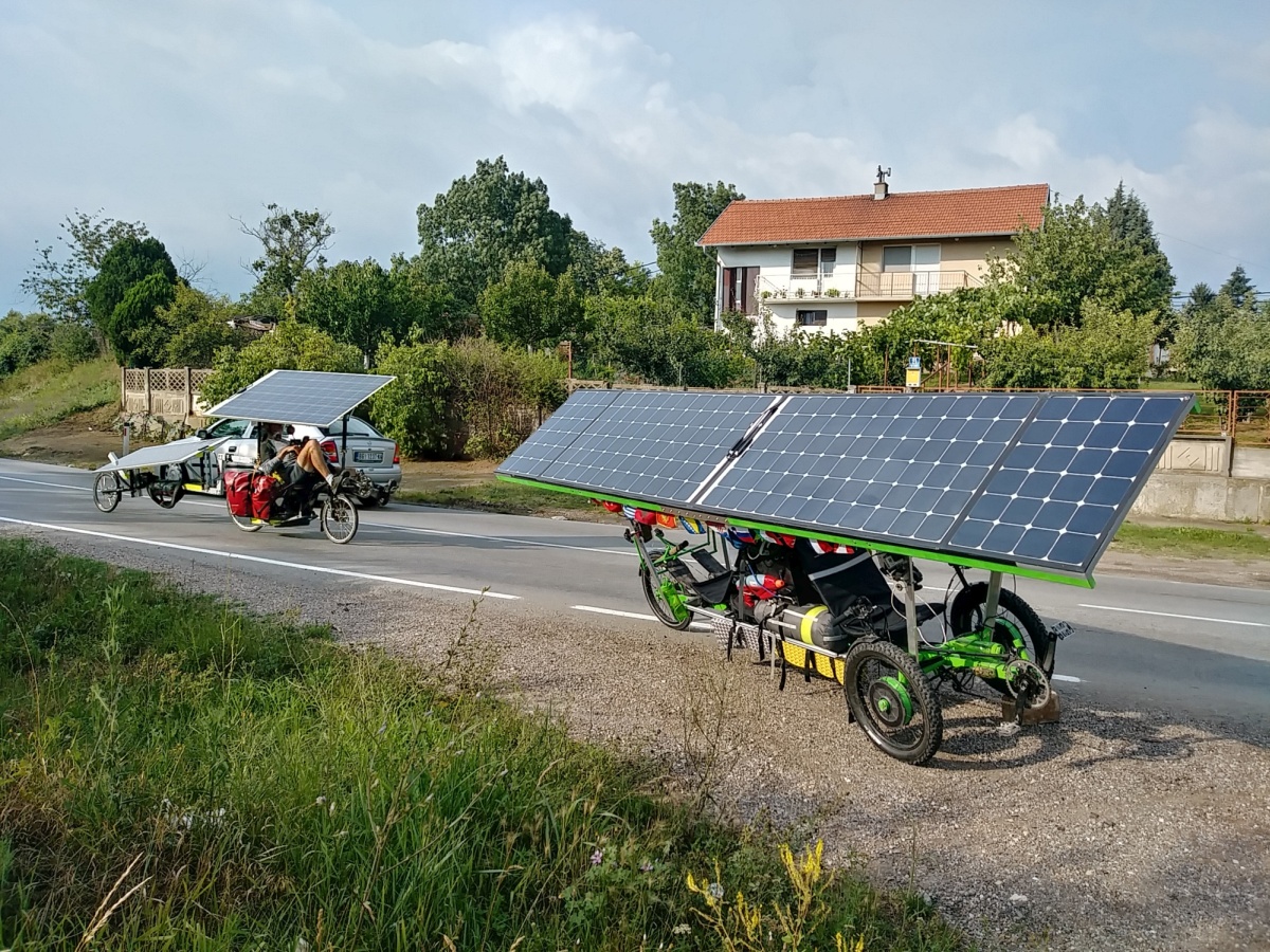 The two Viguier brothers caught up to us in Belgrade, and for the first time since we left we got to ride along with other Suntrip participants. With dual direct drive hub motors, we were faster than them on the uphills and so zipped ahead and then parked our trike to be ideally angled to the sun while waiting for them to catch up.
